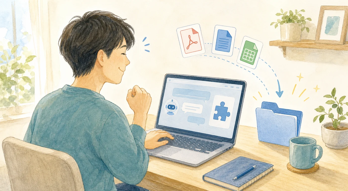 AIと相談しながら複数のファイルを一つのフォルダーへまとめる仕組みを作っているイラスト