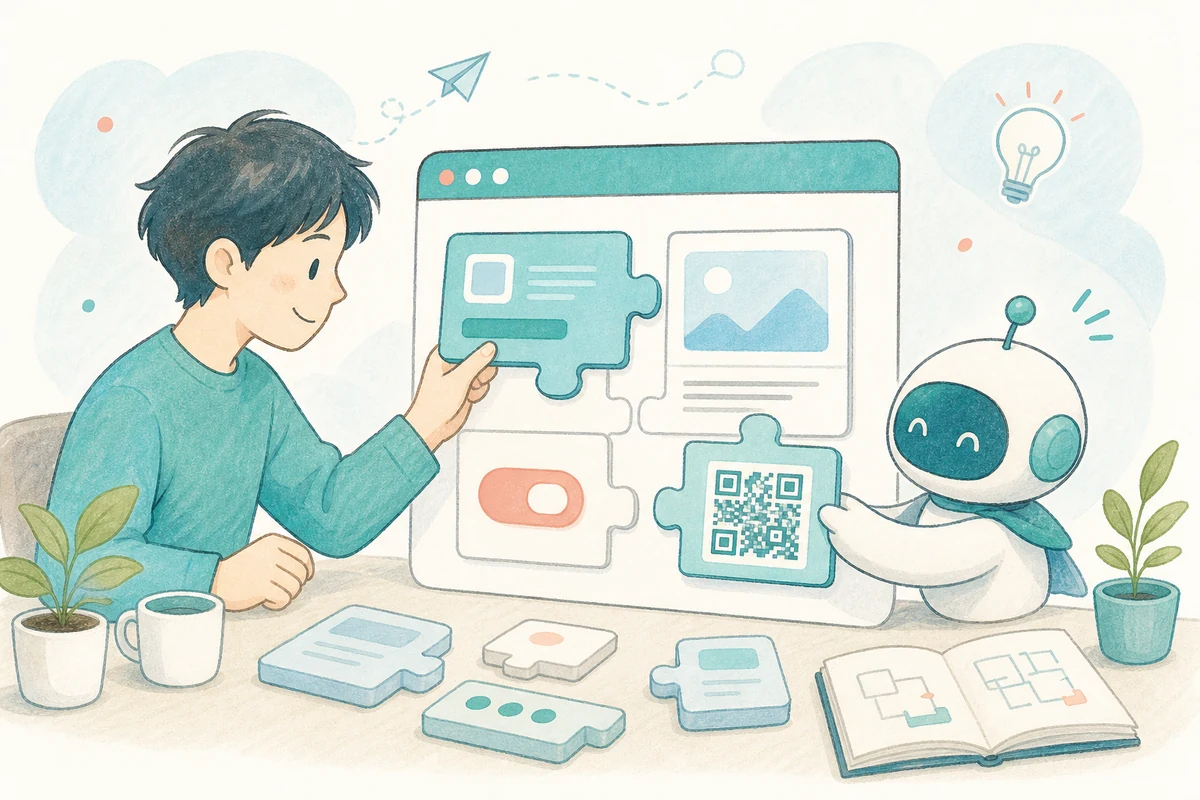 人とAIエージェントがブラウザ拡張機能を一緒に組み立てているイラスト